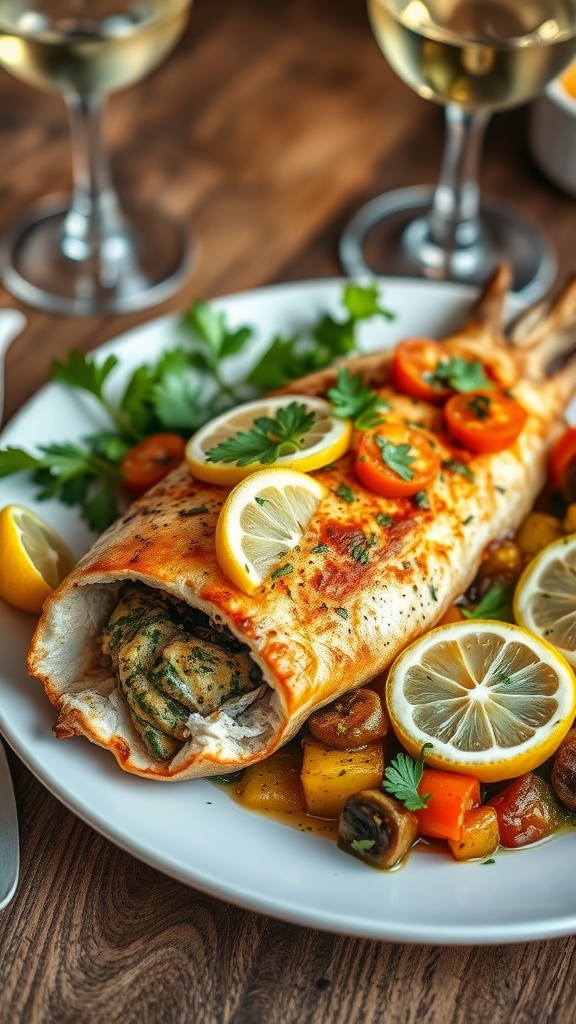 Stuffed branzino with garlic and parsley, garnished with lemon, served with sautéed vegetables and a glass of white wine on a rustic table.